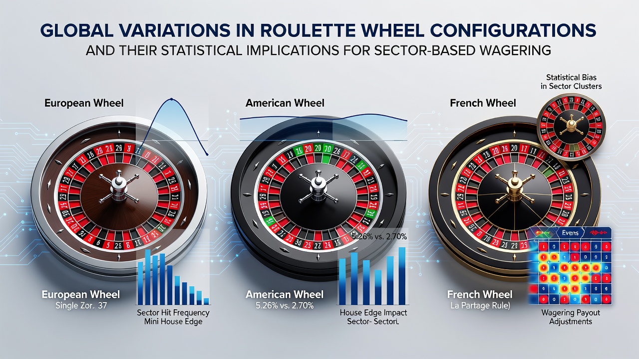 Vergleich verschiedener Roulette-Rad-Layouts aus Europa, Amerika und Asien mit Fokus auf Nullpositionen und Sektoraufteilungen