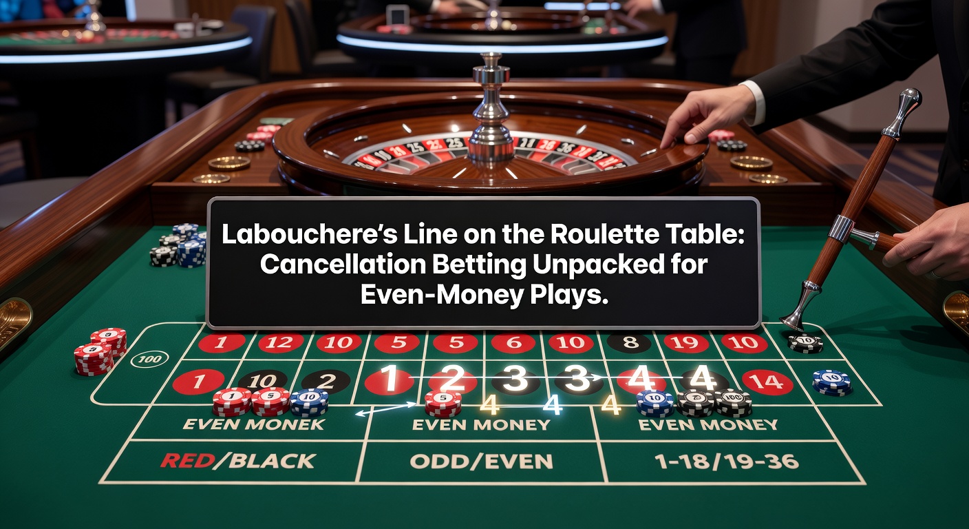 Grafische Darstellung der Labouchere-Linie mit Zahlenreihe auf einem Roulettetisch, die den Ablauf des Cancellation-Betting-Systems zeigt