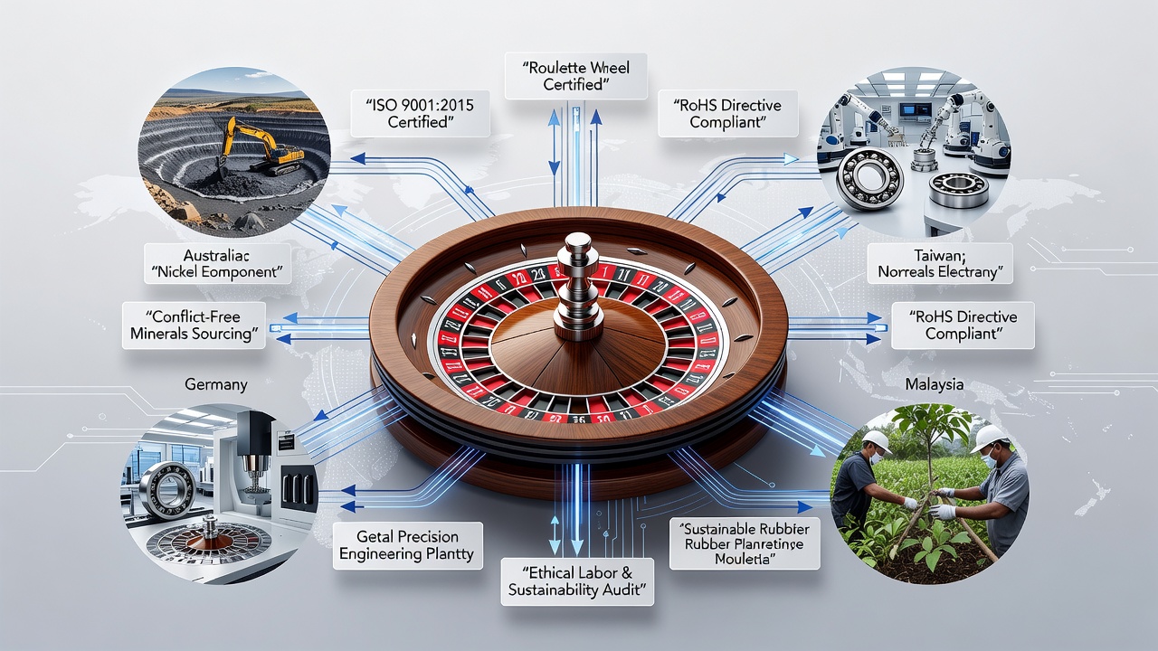 Detailansicht von Materialprüfungen und Compliance-Dokumentation in einer asiatischen Fertigungsanlage für Roulette-Teile